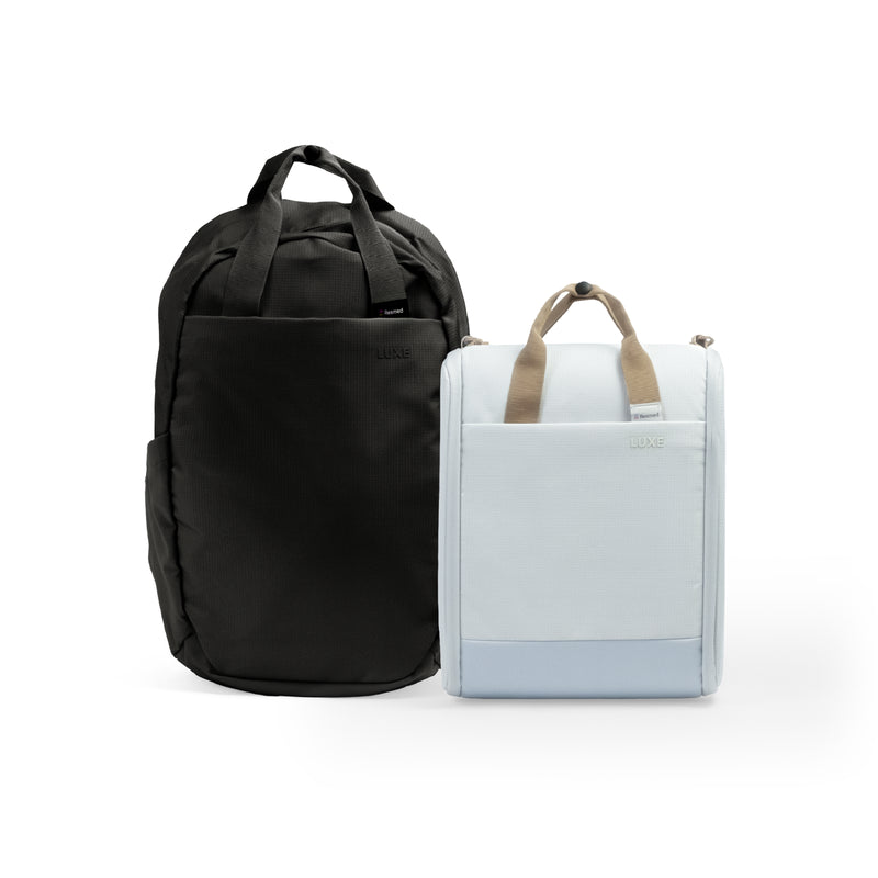 Two bags from Resmed, the CPAP insert bag in white and a black backpack on white background