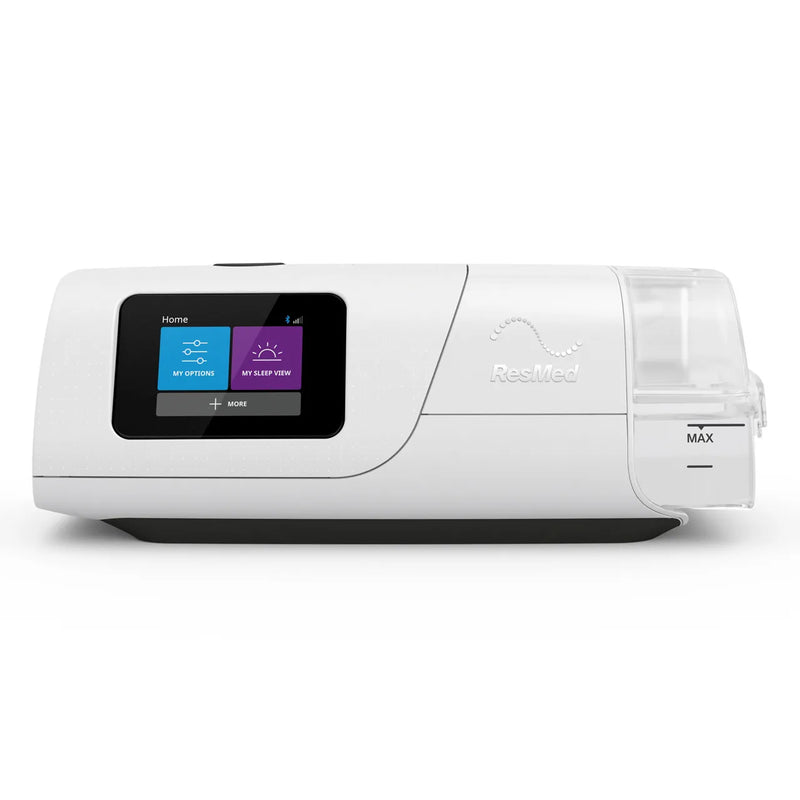 ResMed AirCurve 11 ASV device shown from the front, featuring a colour touchscreen displaying therapy options, a black and white housing, and the ResMed logo, on a white background.
