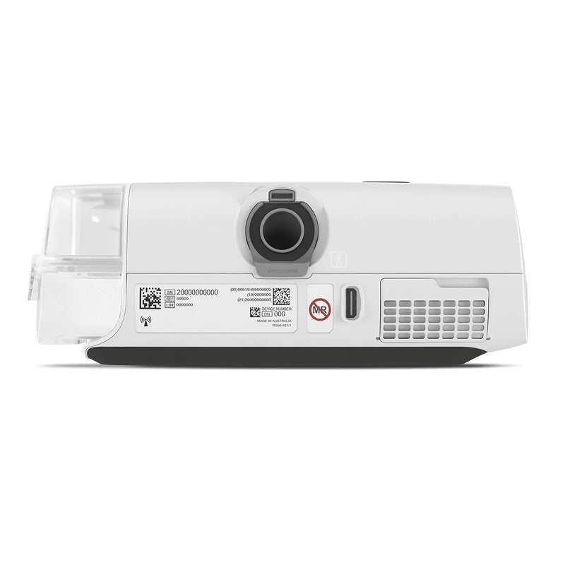 Rear view of the ResMed AirCurve 11 ASV device showing the air inlet port, power connector, and data port on a white background.