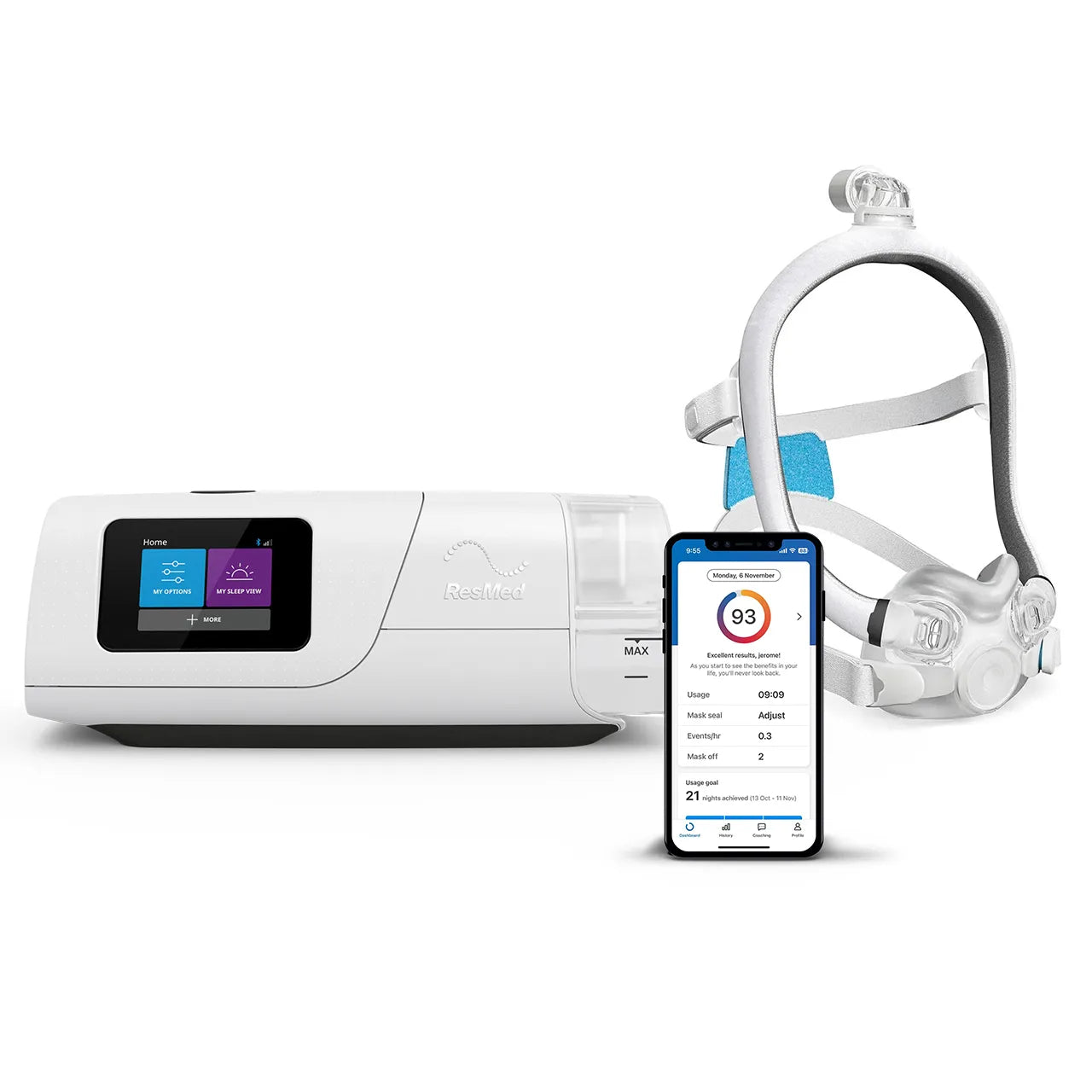 ResMed AirCurve 11 ASV device alongside a full-face CPAP mask with headgear and tubing connected, with a smartphone displaying the myAir app, on a white background.