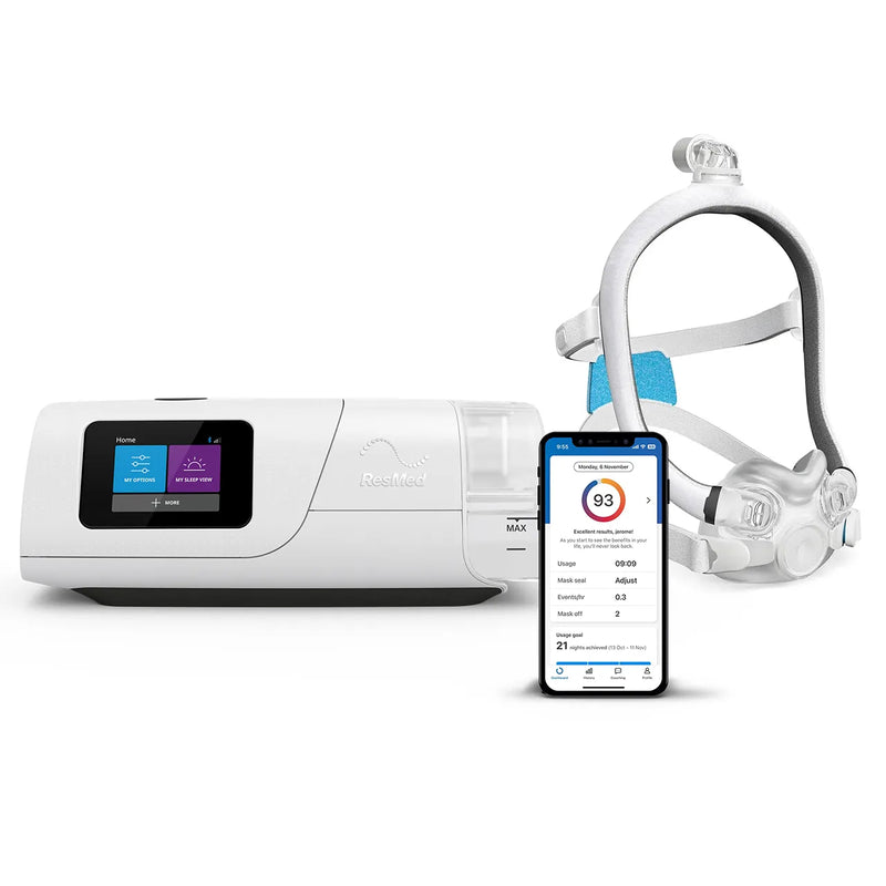 ResMed AirCurve 11 ASV device alongside a full-face CPAP mask with headgear and tubing connected, with a smartphone displaying the myAir app, on a white background.