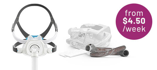 ResMed AirFit F20 full-face CPAP mask and a CPAP machine with tubing on a white background. Purple badge reads: 'from $4.50 /week.'