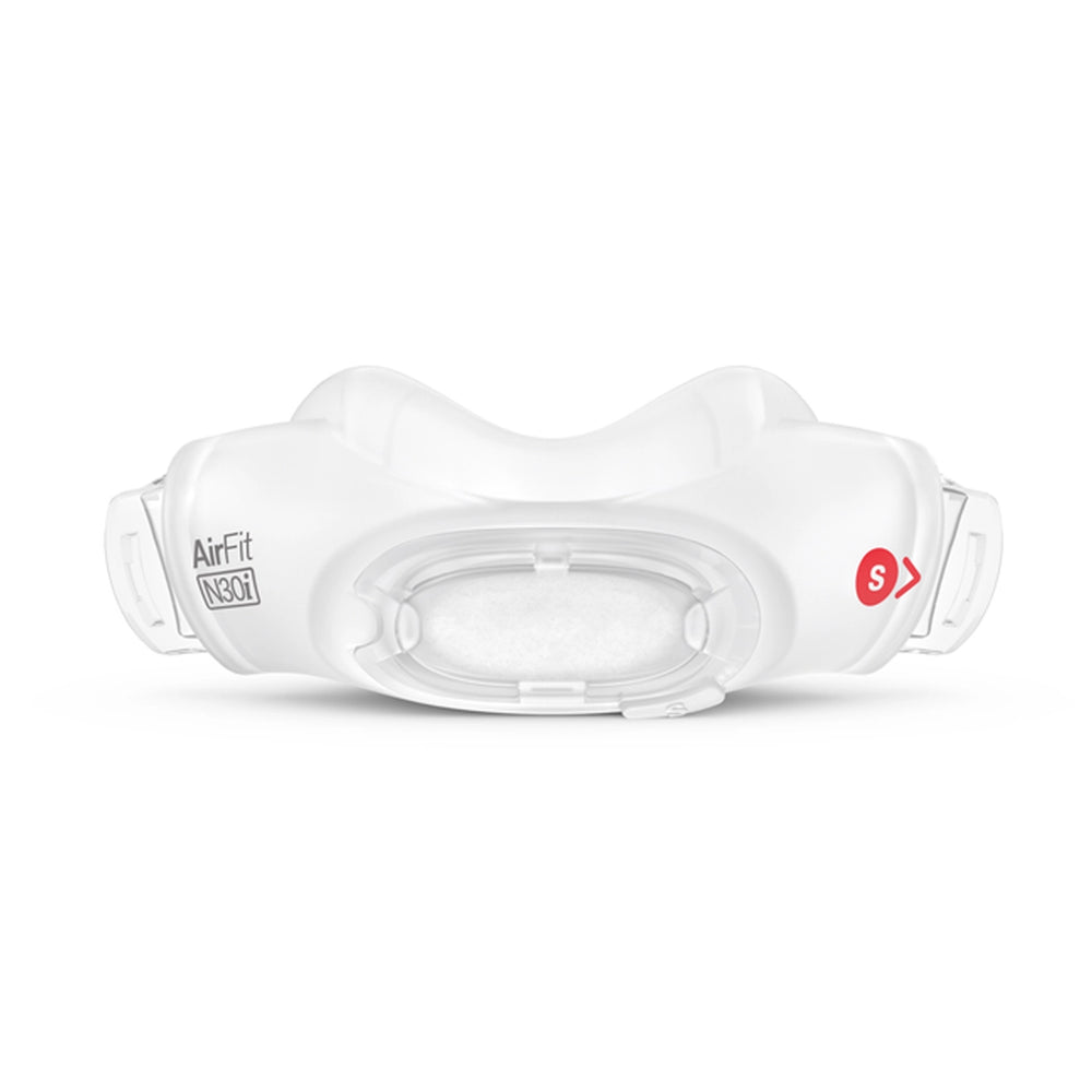 ResMed AirFit N30i nasal CPAP cushion in small size, white and clear, with 'AirFit N30i' label and a red 'S' size indicator, front-facing on a white background.