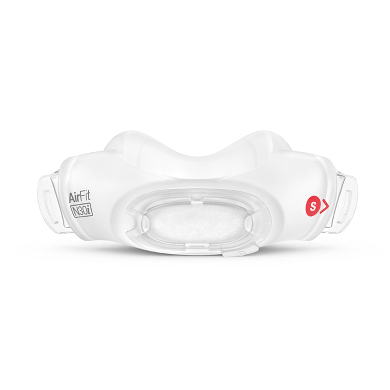ResMed AirFit N30i nasal CPAP cushion in small size, white and clear, with 'AirFit N30i' label and a red 'S' size indicator, front-facing on a white background.