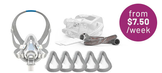 ResMed AirTouch full-face CPAP mask with headgear, five replacement nasal cushions, a CPAP travel case, and tubing on a white background. Purple badge reads: 'from $7.50 /week.'