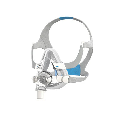 ResMed AirTouch F20 full-face CPAP mask with soft grey headgear, blue accents, and a clear silicone cushion, on a white background.