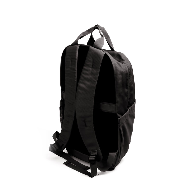 Resmed luxe bag, A black backpack shown from a rear three-quarter view, featuring padded shoulder straps, top carry handles, and side pockets, set against a plain white background.
