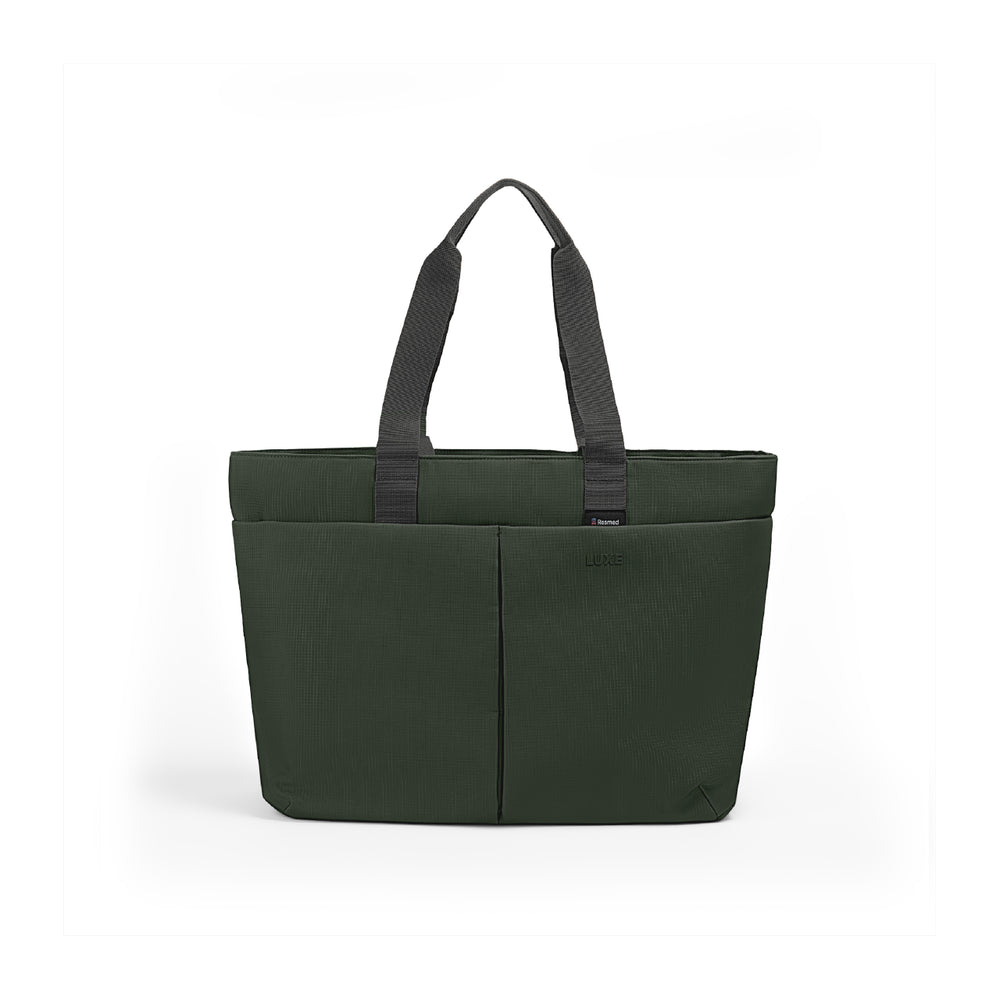 Luxe Tote bag An olive green tote bag with dark gray handles, shown from the front on a clean white background.