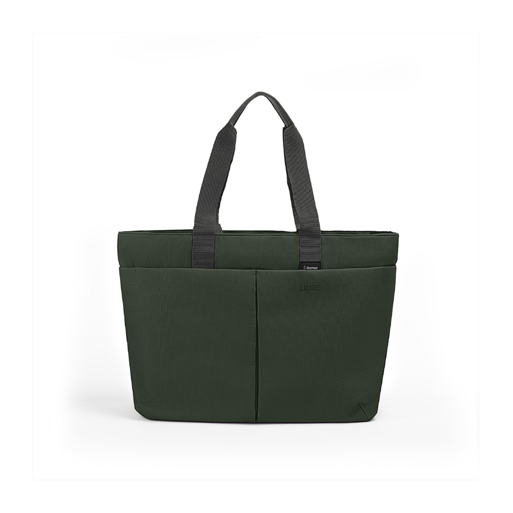 Luxe Tote bag An olive green tote bag with dark gray handles, shown from the front on a clean white background.