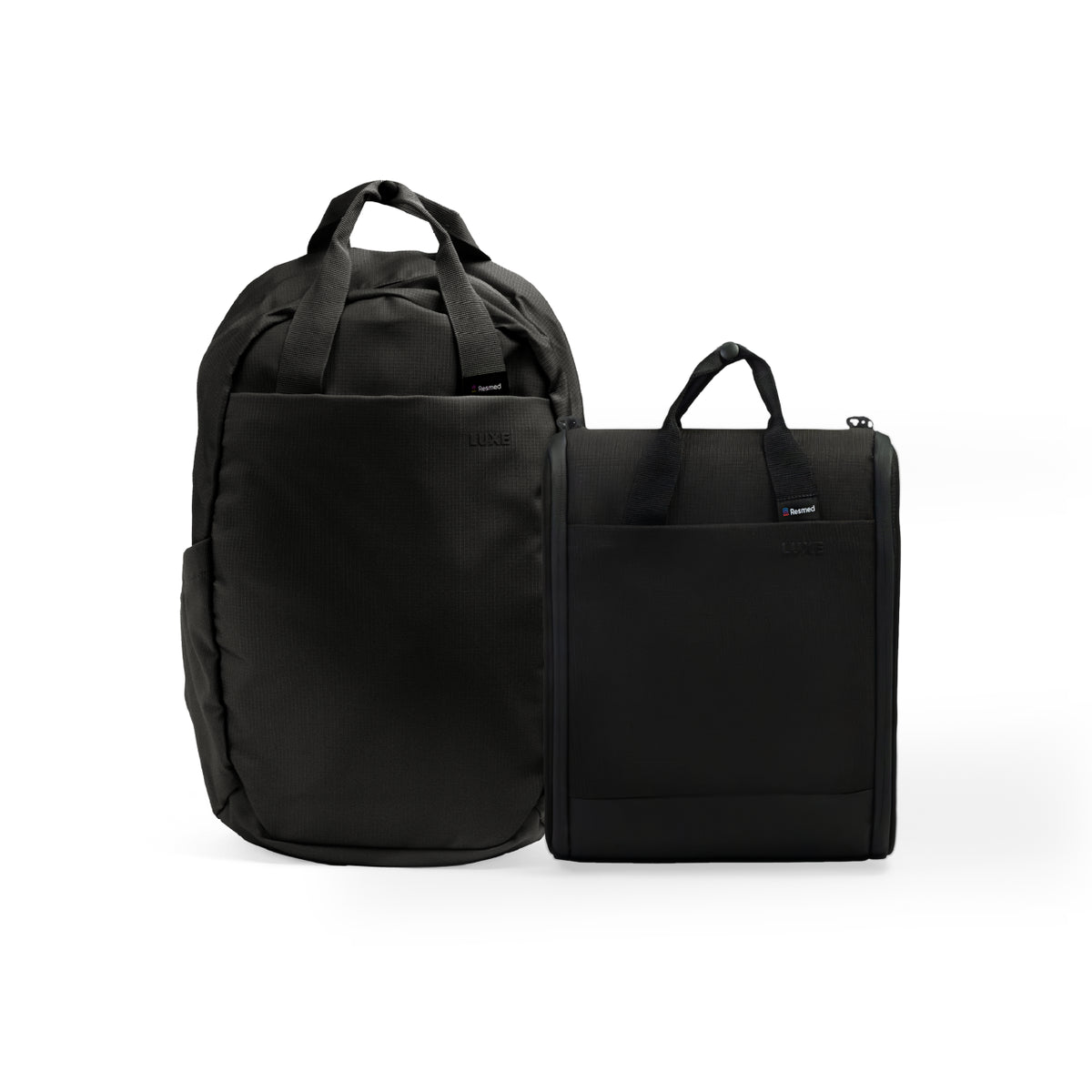 Two bags from Resmed, the CPAP insert bag in black and a black backpack on white background
