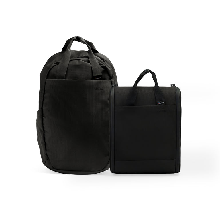 Two bags from Resmed, the CPAP insert bag in black and a black backpack on white background
