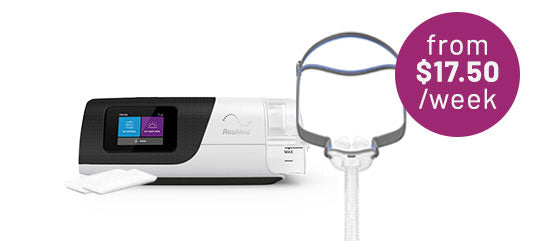 ResMed AirSense CPAP machine with humidifier chamber, nasal mask with headgear, and tubing on a white background. Purple badge reads: 'from $17.50 /week.'