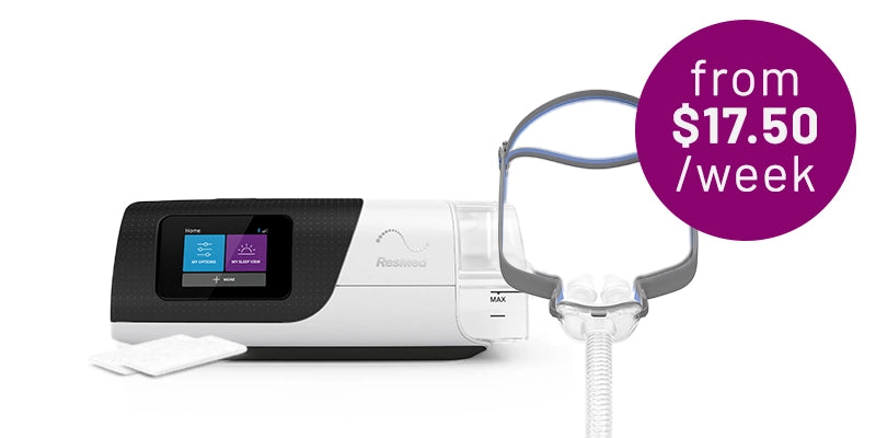 Resmed AirSense CPAP machine with humidifier chamber, nasal mask with headgear, and tubing on a white background. Purple badge reads: 'from $17.50 /week.'