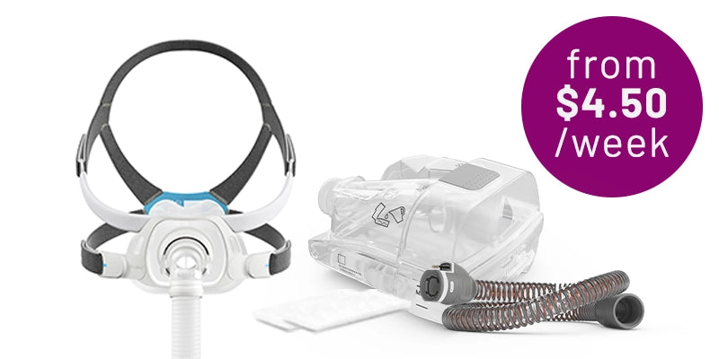 Resmed AirFit F40 full-face CPAP mask and a CPAP machine with tubing on a white background. Purple badge reads: 'from $4.50 /week.'