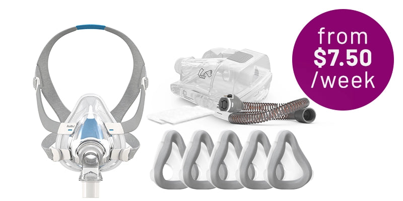 Resmed AirTouch full-face CPAP mask with headgear, five replacement nasal cushions, a CPAP travel case, and tubing on a white background. Purple badge reads: 'from $7.50 /week.'