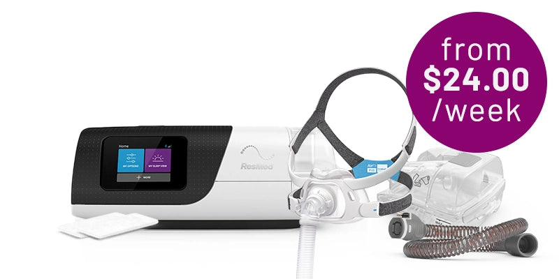 Resmed AirSense CPAP machine, AirFit full-face mask with headgear, tubing, and accessories on a white background. Purple badge reads: 'from $24.00 /week.'