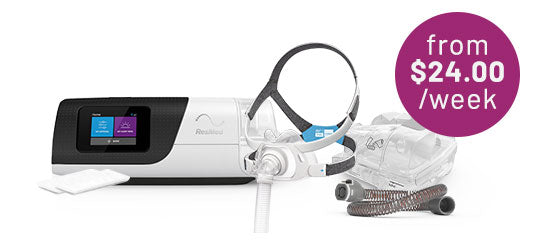 ResMed AirSense CPAP machine, AirFit full-face mask with headgear, tubing, and accessories on a white background. Purple badge reads: 'from $24.00 /week.'